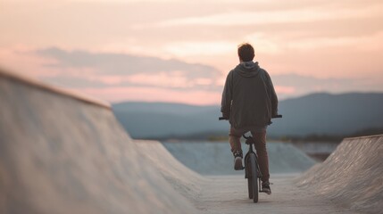 Young man riding a bicycle on a concrete ramp at a skateboard park. he is wearing a grey hoodie and brown pants.