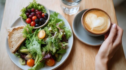 Savoring vibrant healthy salad and coffee in a cozy  culinary delight close-up view relaxed atmosphere