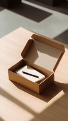 Open cardboard box with smartphone inside, unboxing and ecommerce delivery concept