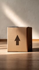 Cardboard box with up arrow symbol, shipping and delivery packaging concept