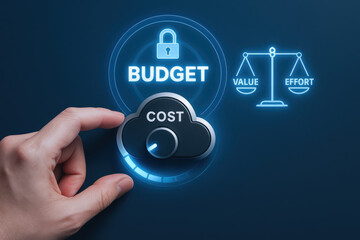 Budget cost value effort business process automation ai robotics rpa transformation control hand scale balance finance management planning