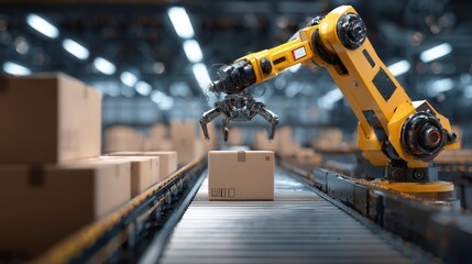 A robotic arm with a metallic claw above a cardboard box on a conveyor belt within a warehouse. Various packages are stacked in the background