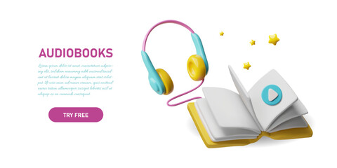 Open book with headphones, audiobooks 3D advertising banner design, listening to books by headphone, online library