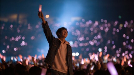 Young man standing in front of a large crowd of people at a concert. he is holding up his phone up in the air with his right hand, as if he is cheering or celebrating.