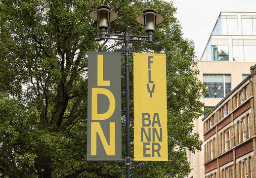 Mockup of Two Lamp Post Hanging banners in London Street View