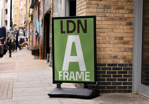 A-frame Sign on London Corner. PSD template mockup.