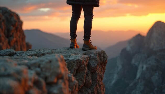 Person stands on cliff edge at sunset. Hiker on rocky precipice facing dramatic mountain landscape. Golden sky with clouds, risk and adventure theme. - Powered by Adobe