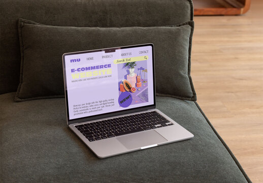 Mockup of Laptop on Green Couch