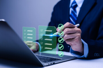 Businessman working on computer using laptop business performance tracking and evaluation concept....