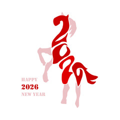 Holiday card Happy New Year 2026. Stylized image of a fire horse according to the Eastern Chinese calendar. Astrological New Year.	
