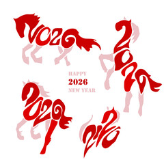 Holiday card Happy New Year 2026. Stylized image of a fire horse according to the Eastern Chinese calendar. Astrological New Year.	
