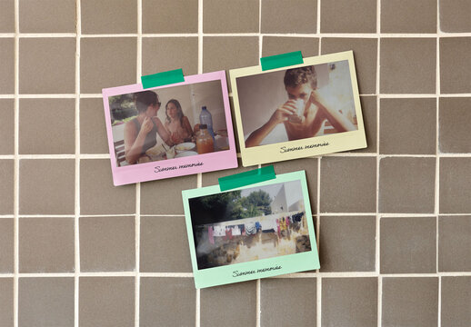 Mockup of Three Blank wide Polaroids Frames Sticky on a tiled wall