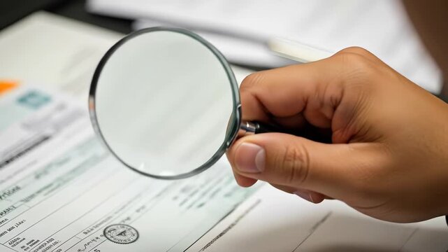 Man reviewing document with magnifying glass. Concept of legal work, inspection, audit, forensics, or research.