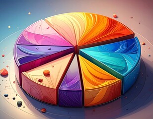 Vibrant pie chart, stylized slices in rainbow hues, angled view, colorful edges, whimsical, on circular stage
