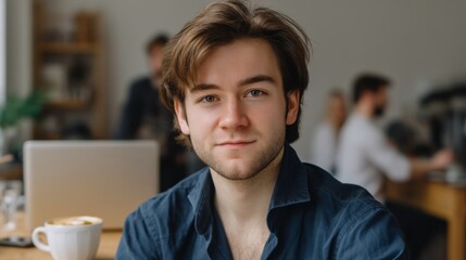 Young man smiling in urban setting portrait photography cozy environment close-up view confidence boost