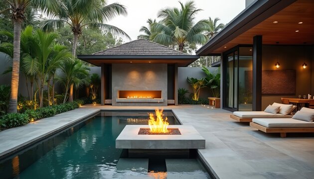 Modern outdoor lounge with pool and fire pit. Minimalist design features natural colors, palm trees, and sleek architecture. Perfect for relaxation and entertainment.