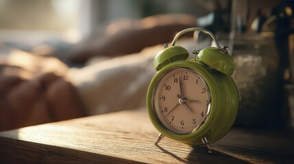 Lime green retro alarm clock on a wooden nightstand bathed in early morning light, showing 7:00
