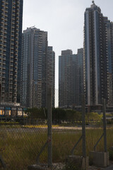 香港の高層マンションと未開発地の対比風景