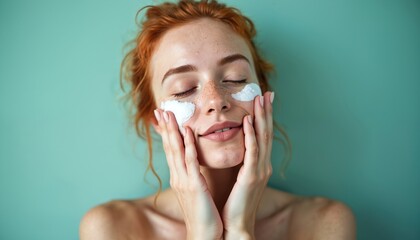 Woman with red hair and freckles applies white cream to her face. Her eyes are closed and she smiles gently as her hands touch her cheeks. She practices self care.