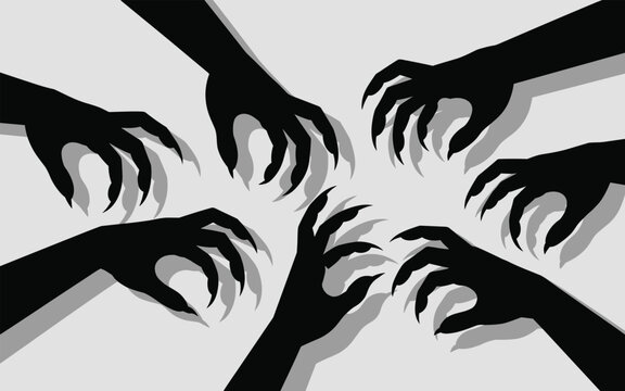Multiple hands with sharp claws reaching towards the center in a circular formation