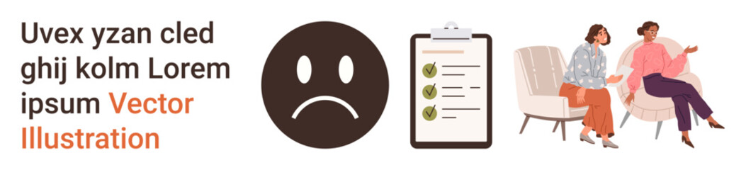 Fototapeta premium Emotional health, therapy, mental wellness, personal goals, communication, teamwork. Sad face icon, checklist two people in conversation. Emotional health and therapy support concept