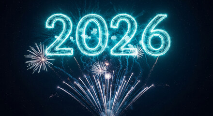Image of glowing 2026 numbers with fireworks in a dark night sky, symbolizing celebration, new year, future, and festive events
