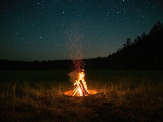 Campfire under starlit night