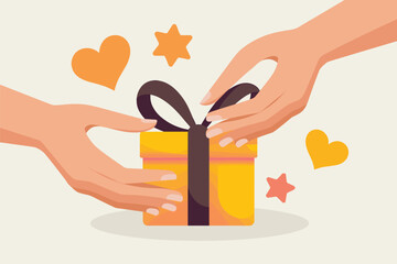Hands exchanging a beautifully wrapped yellow gift box adorned with a black ribbon surrounded by floating hearts and stars