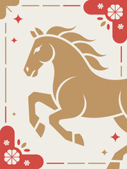 a stylized depiction of a golden horse in a dynamic pose framed by red floral elements and geometric patterns high quality professional