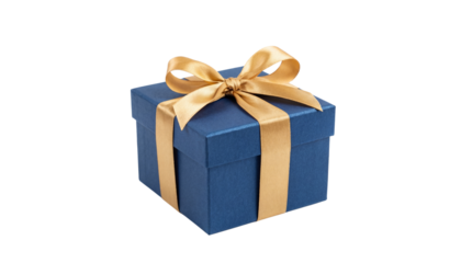 Blue gift box with golden ribbon isolated PNG, present for birthday on transparent background