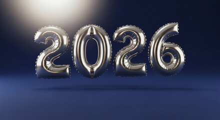 Image of metallic balloon numbers spelling 2026 against dark blue background, representing future, year, and New Year celebration