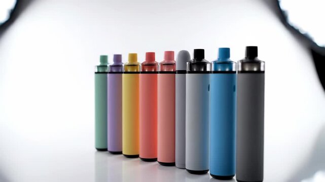 Row of colorful disposable vape pens on a white background. Assorted electronic cigarettes lined up in a studio setting. Vaping concept with copy space