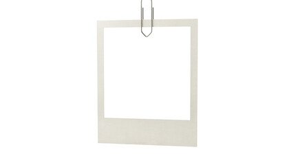 Blank instant photo frame with paper clip isolated PNG, retro style picture template for memories and design use on transparent background