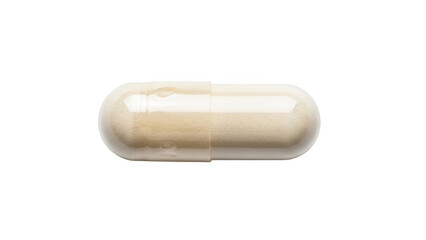 Single transparent capsule filled with light brown powder on black background pill