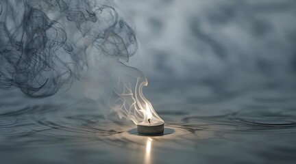 A single tealight candle is extinguished, releasing intricate plumes of white and black smoke that dance and curl gracefully against a moody, reflective, and atmospheric gray background - Powered by Adobe