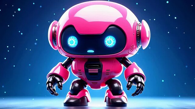 Pink robot with glowing eyes in space