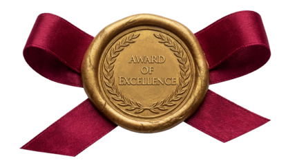 Golden wax seal with ribbon isolated PNG, elegant award emblem for certificates and invitations on transparent background