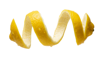 A bright yellow lemon peel spirals gracefully, appearing isolated and floating on a transparent background, perfect as a clean PNG image.
