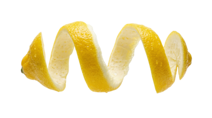 A bright yellow lemon peel spirals gracefully, appearing isolated and floating on a transparent background, perfect as a clean PNG image.
