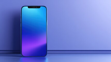A sleek smartphone with a vibrant gradient display sits against a simple purple background, ideal for technology ads, app promotions, or digital design projects,