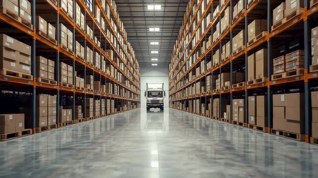 Large Warehouse Aisle With Tall Storage Racks and Pallet Shelving Creating Industrial Logistics Space for Inventory Management Operations