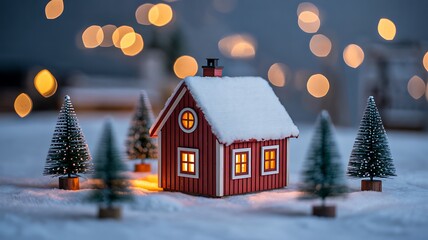 Cozy christmas house with glowing lights surrounded by snow and trees at night
