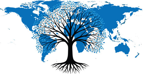 Global tree of life illustration, world map background, nature sustainability concept, ecology environment roots branches, earth connection vector design © Mahadi's World