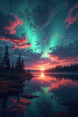 Vivid northern lights over serene lake