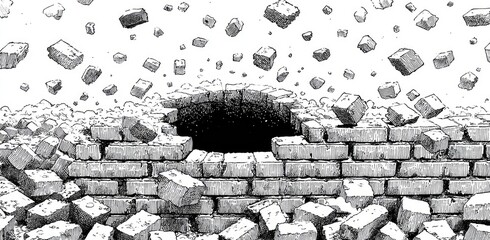 Black and white illustration of brick wall, with a hole in the wall and bricks falling