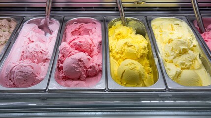 Rows of colorful, delicious frozen desserts scooped in metal containers, displayed in a chilled glass case. Variety of flavors are showcased