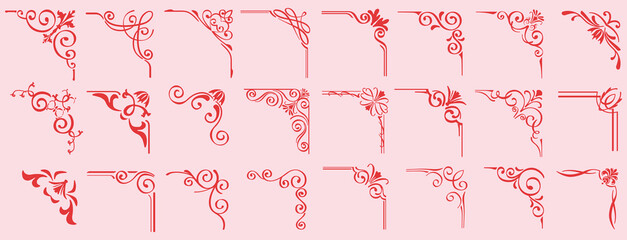 Vintage Ornamental Corner Design Set for Borders and Frames Description: A collection of elegant red floral and swirl corner ornaments. Perfect for classic wedding invitations, certificates, retro fra
