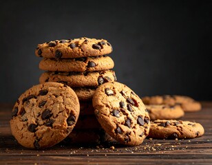 Stacked and scattered golden-brown, baked, sweet treats. The textured cookies have chocolate chips, displayed on a wooden surface. Dark backdrop