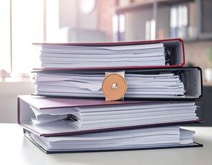 Stacked binders filled with paper are on a white table. The focus is on the documents. Background shows an office space