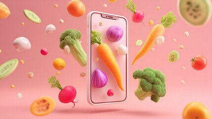 A smartphone floats amidst a vibrant array of 3D-rendered produce, including carrots, broccoli, and tomatoes, against a soft pink backdrop